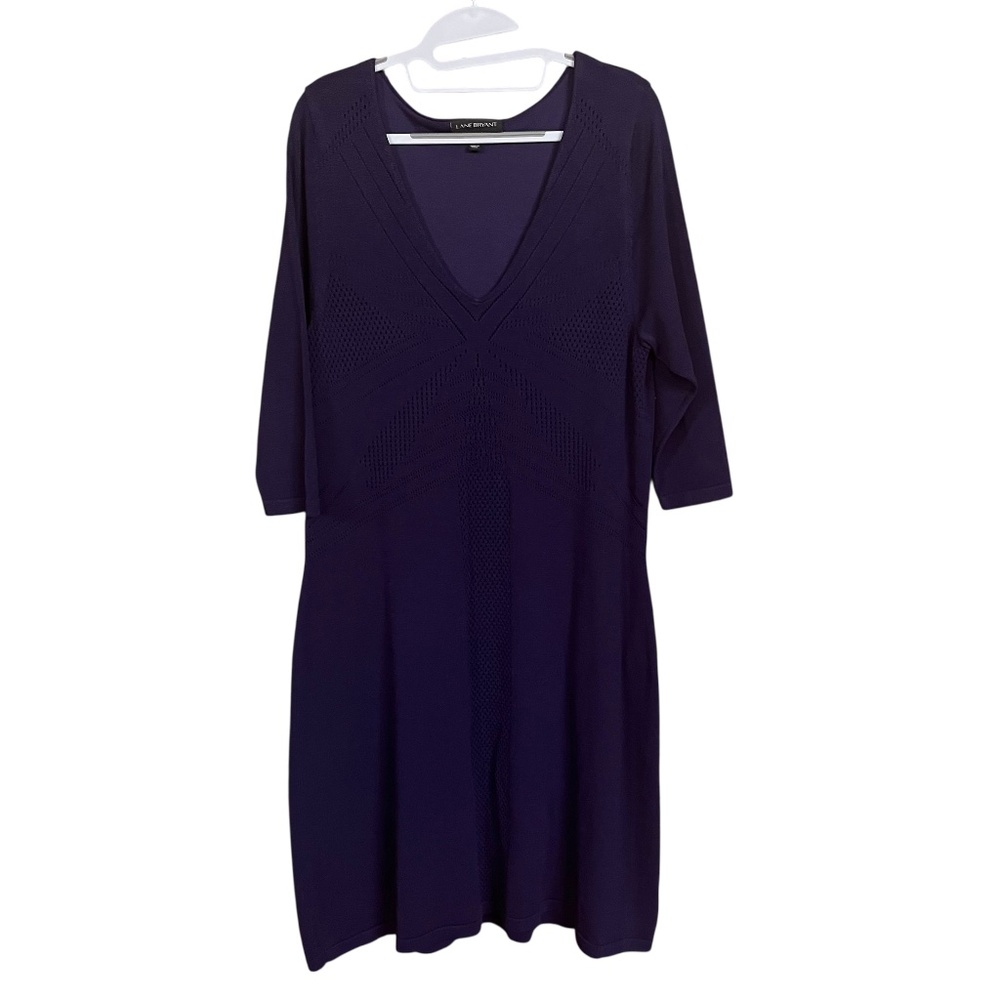 Lane Bryant Purple 3/4 Sleeve V-Neck Textured Knit Midi Sweater Dress Size 14/16